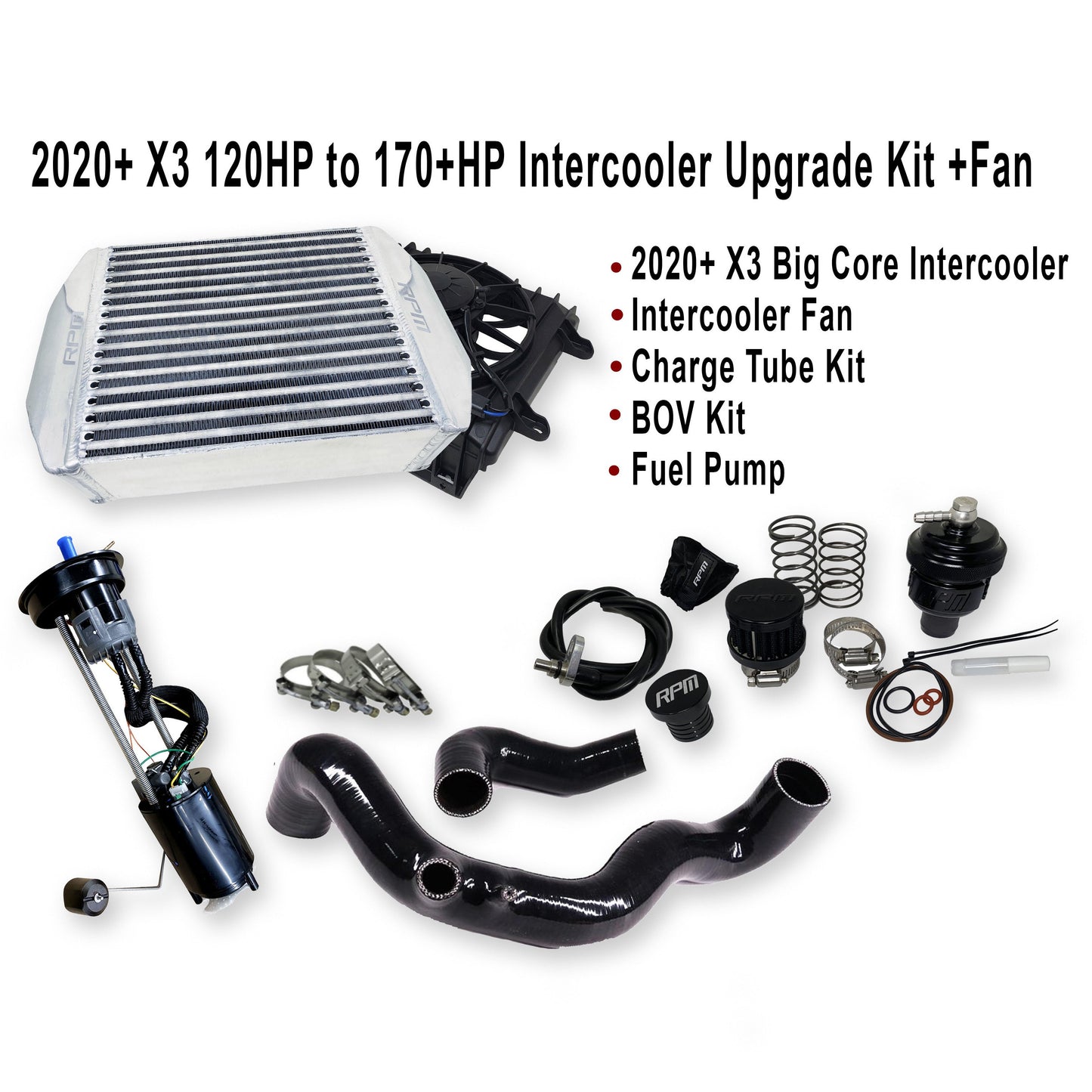 2020-2023 X3 120HP to 190+HP Big Core Intercooler Upgrade Kit + Fan, Silicone, & BOV